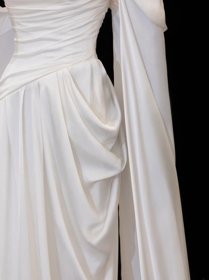 Modest Prom Dresses Aesthetic Sheath Off The Shoulder Ivory Satin Inspiration Style Impress With Sleeves Cape Long Party Formal Gown SA109
