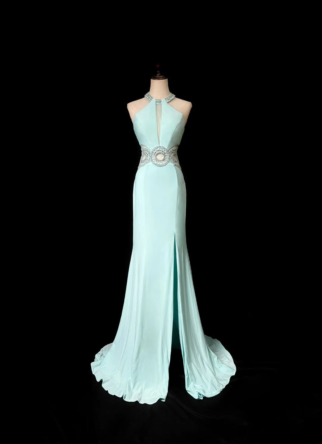 Vintage 70s Prom Dresses Mermaid Halter Tiffany Blue With Silver Beading Long Party Dress Formal Outfits RB5920