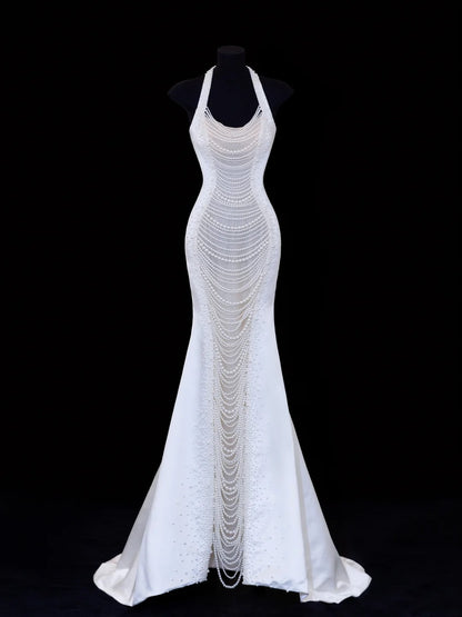 Robe de mariée intemporelle, style sirène romantique, dos nu, ornée de perles, blanche, tailles petites et grandes, SA110