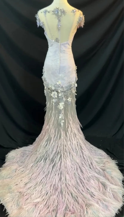 Vintage Style Mermaid Scoop 1950s Satin With Feathers Brides Gown Bridal Dress Long Wedding Dresses RB5784