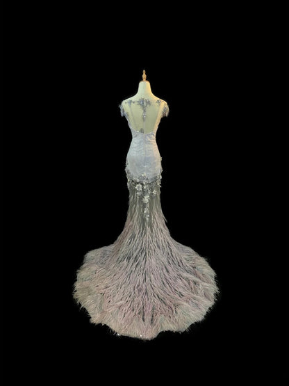 Vintage Style Mermaid Scoop 1950s Satin With Feathers Brides Gown Bridal Dress Long Wedding Dresses RB5784