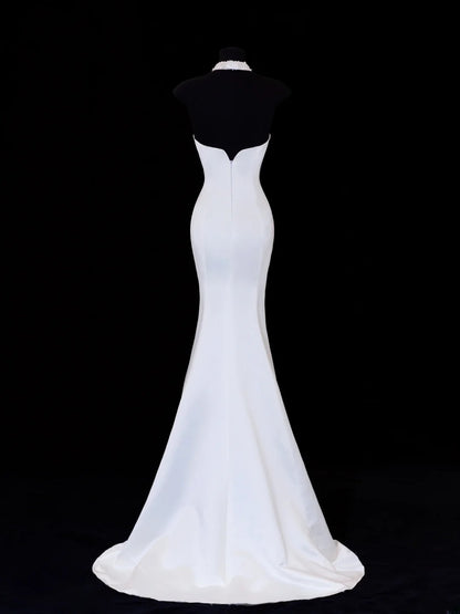 Robe de mariée intemporelle, style sirène romantique, dos nu, ornée de perles, blanche, tailles petites et grandes, SA110