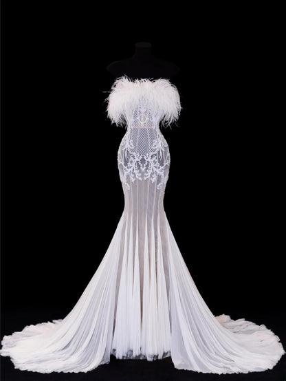 Elegant Women's Mermaid Strapless With Feathers Appliques White Long Wedding Gowns Dresses SA112