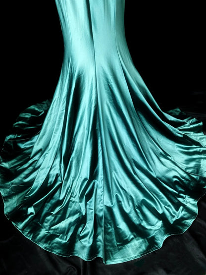 Vintage 70s Prom Dresses Mermaid Scoop Dark Green Satin With Open Backs Beading Long Party Dress Formal Outfits RB5922