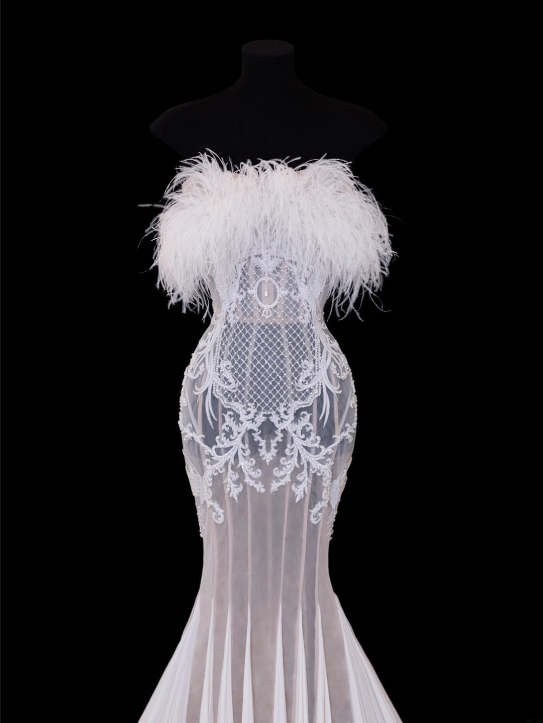 Elegant Women's Mermaid Strapless With Feathers Appliques White Long Wedding Gowns Dresses SA112