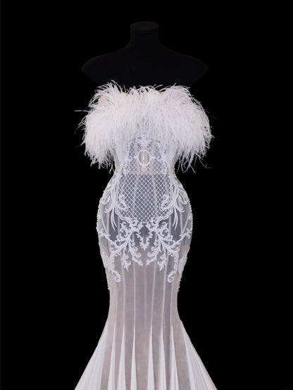 Elegant Women's Mermaid Strapless With Feathers Appliques White Long Wedding Gowns Dresses SA112