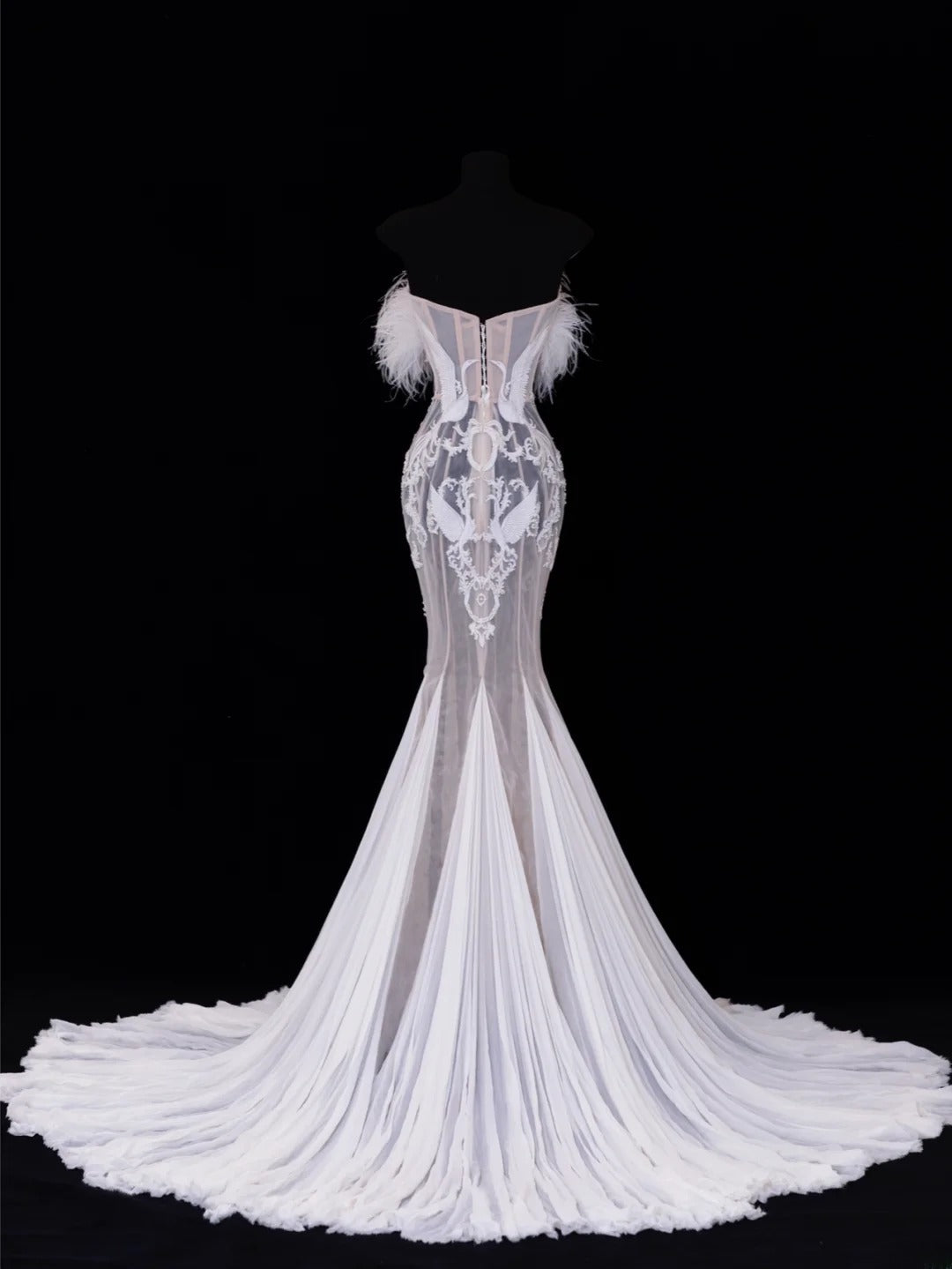 Elegant Women's Mermaid Strapless With Feathers Appliques White Long Wedding Gowns Dresses SA112