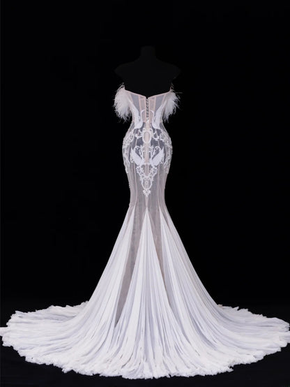 Elegant Women's Mermaid Strapless With Feathers Appliques White Long Wedding Gowns Dresses SA112