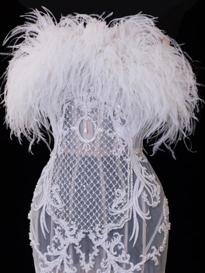 Elegant Women's Mermaid Strapless With Feathers Appliques White Long Wedding Gowns Dresses SA112