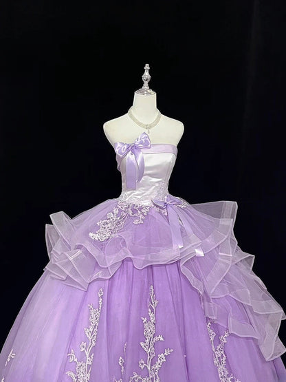 Princess Ball Gown Strapless Lilac With Tiered Layers Lace Quince Dress Voluminous Sweet 16 Sweet Sixteen Outfits Vestido de 15 RB7482