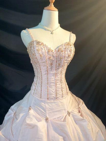 Modest Ball Gown Spaghetti Strap Blush Pink With Beading Sleeveless Long Sweet 16 Dresses Seventeen Quince Dress RB3573