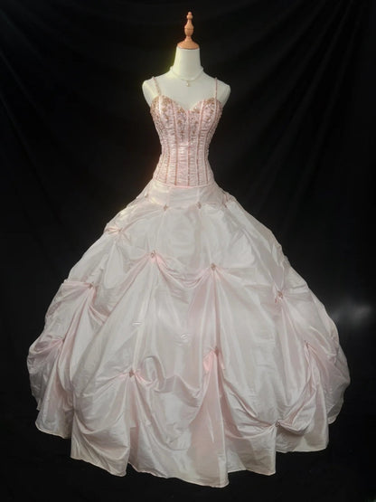 Modest Ball Gown Spaghetti Strap Blush Pink With Beading Sleeveless Long Sweet 16 Dresses Seventeen Quince Dress RB3573