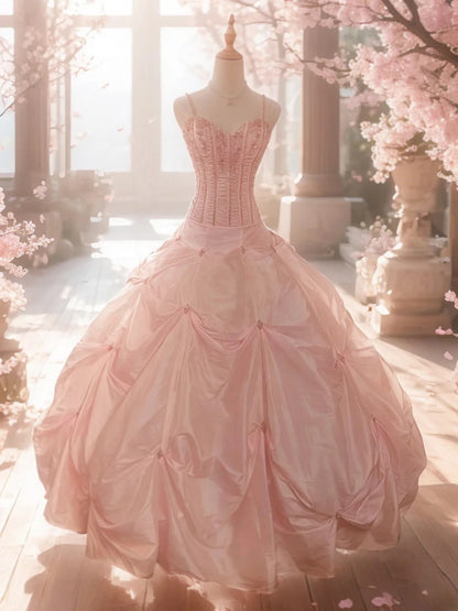 Modest Ball Gown Spaghetti Strap Blush Pink With Beading Sleeveless Long Sweet 16 Dresses Seventeen Quince Dress RB3573