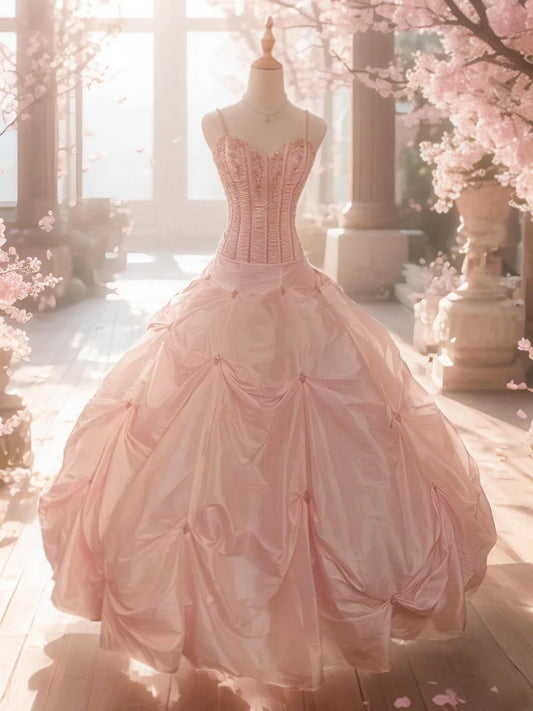 Modest Ball Gown Spaghetti Strap Blush Pink With Beading Sleeveless Long Sweet 16 Dresses Seventeen Quince Dress RB3573