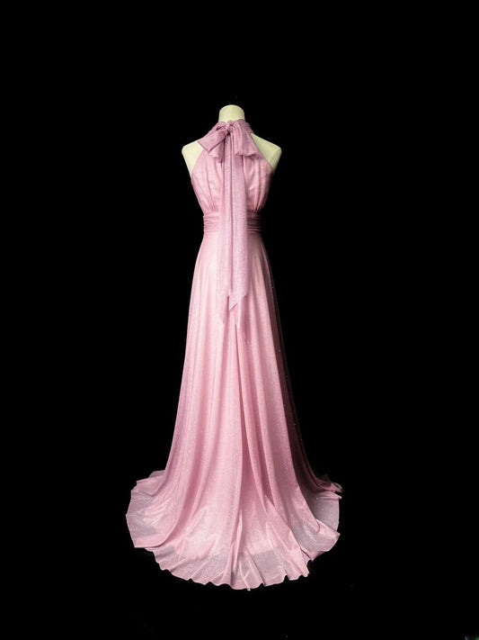 Vintage 1980s Prom Dresses A Line Halter Pink With Bow Evening Dress Formal Outfits RB5924
