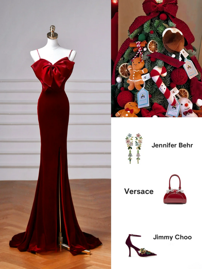 Elegantes, langes Meerjungfrauen-Abendkleid mit Spaghettiträgern aus burgunderrotem Samt – perfekt für festliche Anlässe wie Tanzabende und Partys (AQ115)
