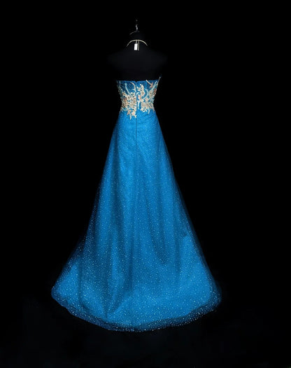 Vintage 1980s Prom Dresses A Line Sweetheart Blue With Sleeves Gold Lace Evening Dress Formal Outfits RB5925