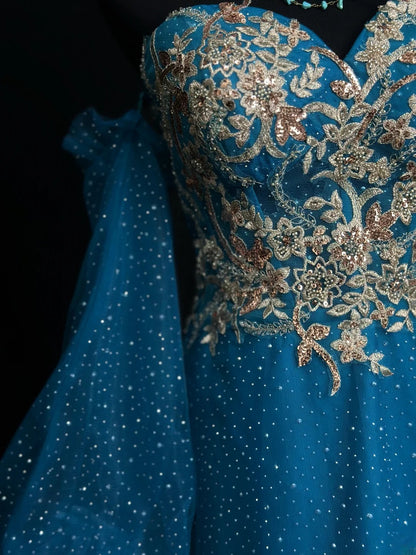 Vintage 1980s Prom Dresses A Line Sweetheart Blue With Sleeves Gold Lace Evening Dress Formal Outfits RB5925