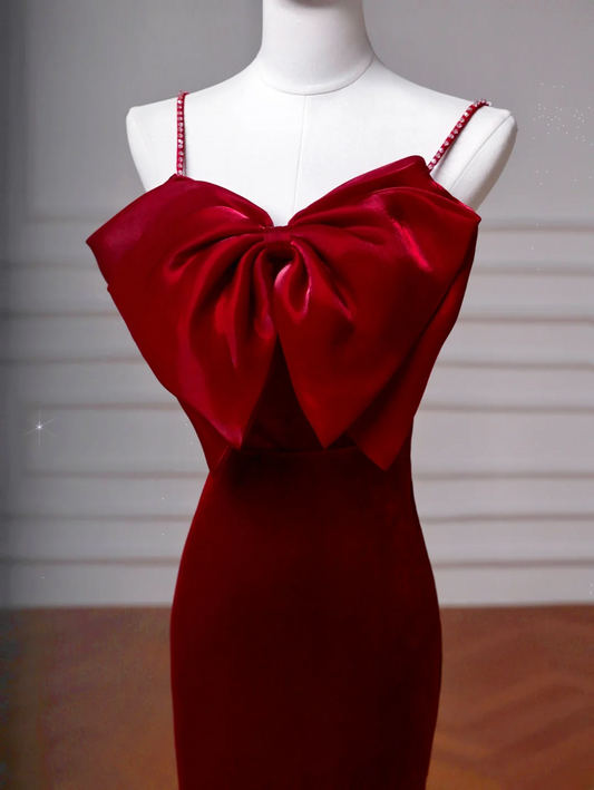 Elegantes, langes Meerjungfrauen-Abendkleid mit Spaghettiträgern aus burgunderrotem Samt – perfekt für festliche Anlässe wie Tanzabende und Partys (AQ115)