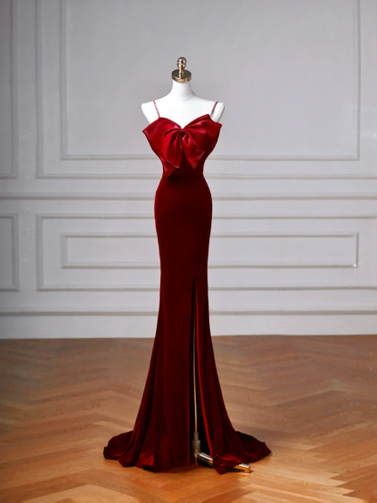 Elegantes, langes Meerjungfrauen-Abendkleid mit Spaghettiträgern aus burgunderrotem Samt – perfekt für festliche Anlässe wie Tanzabende und Partys (AQ115)