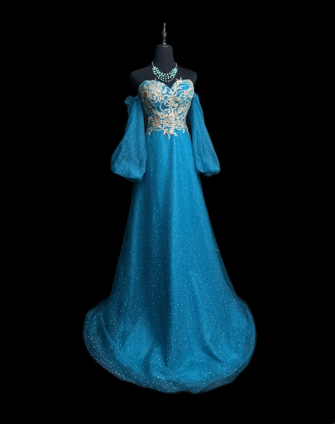 Vintage 1980s Prom Dresses A Line Sweetheart Blue With Sleeves Gold Lace Evening Dress Formal Outfits RB5925