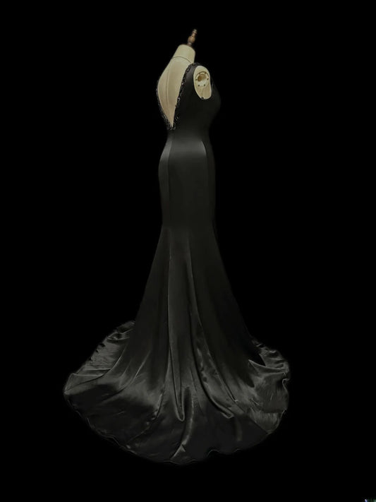 Vintage 60s Prom Dresses Mermaid V Neckline Black Satin With Beading Sleeveless Prom Evening Dress Formal Outfits RB5926