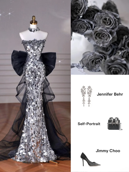 Robe de bal sirène brillante sans bretelles à paillettes argentées, tenue de soirée pour 18e anniversaire, robe de bal RB1780