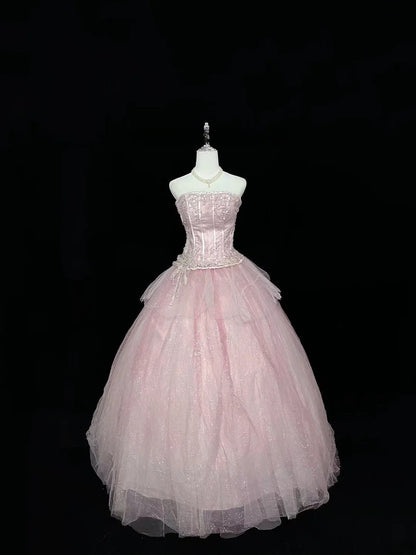 Princess Ball Gown Strapless Pink With Appliqued Quince Dress Voluminous Sweet 16 Sweet Sixteen Outfits Vestido de 15 RB7486