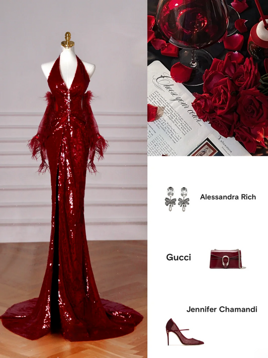 Glamour Mermaid Halter Burgundy Sequin Long Prom Dresses Party Dress Slit 20th Birthday Outfits Prom Gowns RB1511