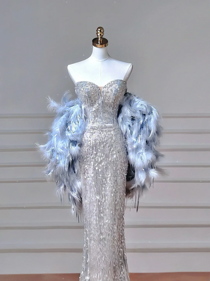 Elegantes, langes Meerjungfrauen-Abendkleid mit Pailletten in Silbergrau und Herzausschnitt, perfekt für festliche Anlässe wie Abschlussball, Dinnerpartys und andere festliche Anlässe (AQ117)