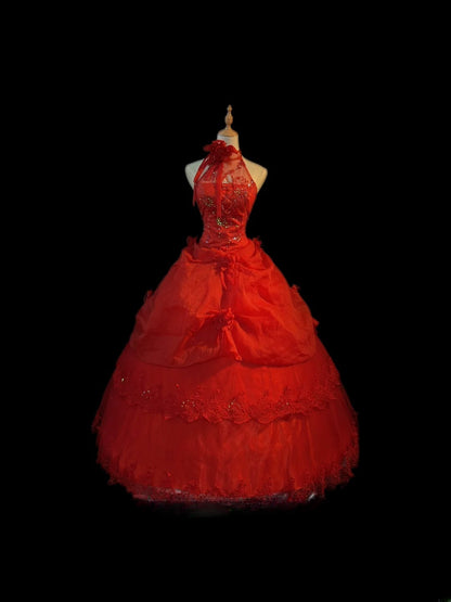 Modest Ball Gown Halter Red Tulle With Beading Sleeveless Long Sweet 16 Dresses Seventeen Quince Dress RB3575