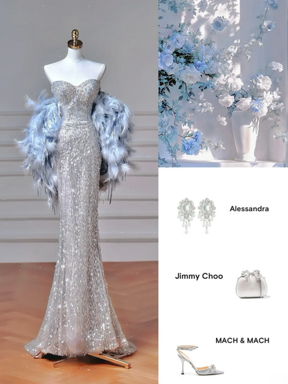 Elegantes, langes Meerjungfrauen-Abendkleid mit Pailletten in Silbergrau und Herzausschnitt, perfekt für festliche Anlässe wie Abschlussball, Dinnerpartys und andere festliche Anlässe (AQ117)