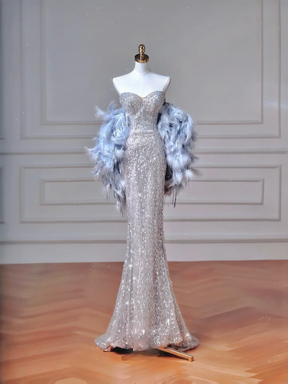 Elegantes, langes Meerjungfrauen-Abendkleid mit Pailletten in Silbergrau und Herzausschnitt, perfekt für festliche Anlässe wie Abschlussball, Dinnerpartys und andere festliche Anlässe (AQ117)