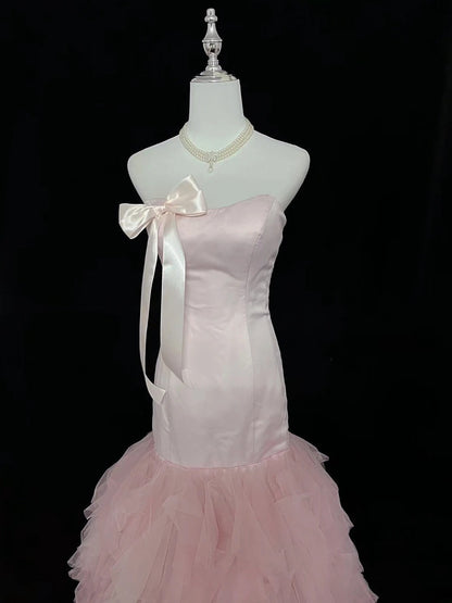 Vintage Mermaid Sweetheart Tulle Pink With Tiered Layers Prom Dress Formal Outfits Party Dresses RB7488