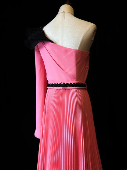 Vintage 70s Prom Dresses A line One Shoulder Pink Chiffon With Slit Long Party Dress Formal Outfits RB5928