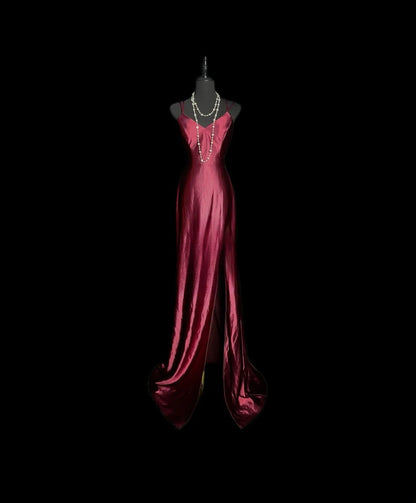 Simple Prom Dresses Mermaid Spaghetti Strap Burgundy With Slit Long Party Dress Formal Outfits RB5930