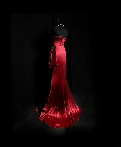 Simple Prom Dresses Mermaid Strapless Burgundy With Ruffled Long Party Dress Formal Outfits RB5931