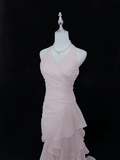 Vintage Mermaid Halter Chiffon Pink With Tiered Layers Long Prom Dress Formal Outfits Party Dresses RB7491
