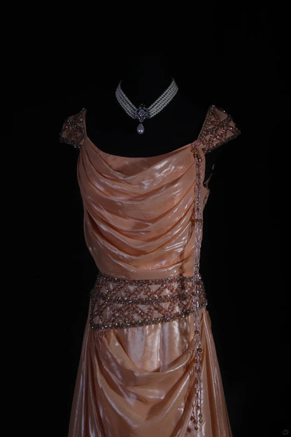 Retro Vintage 1960s Formal A line Square Neck Pink Fashion With Beads Cap Sleeves Long Prom Dresses Party Formal Gowns AS122