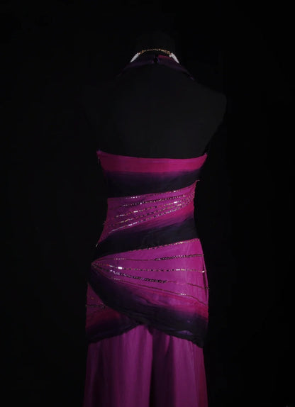 Vintage 50s 1950s Formal Mermaid Halter Ombre Purple Chiffon Pleated With Beads Sleeveless Long Prom Dresses Party Formal Gowns AS123