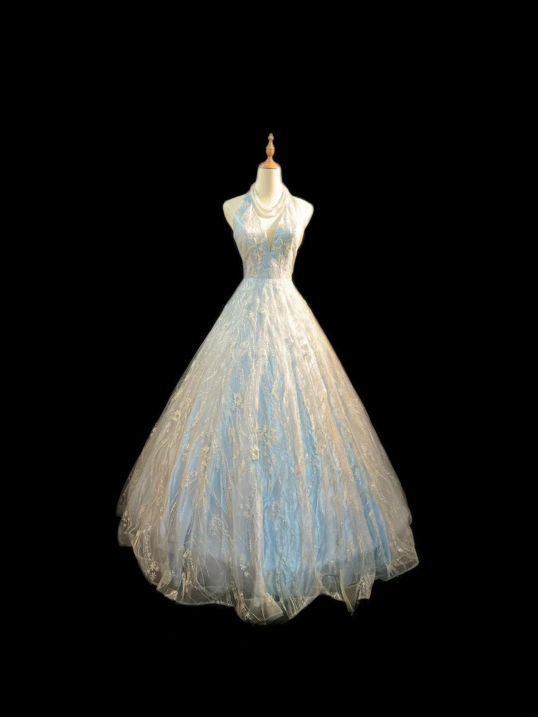 Modest Ball Gown Halter Light Sky Blue Sequin Lace Sleeveless Long Sweet 16 Dresses Seventeen Quince Dress RB3578