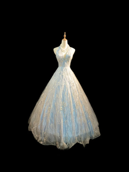 Modest Ball Gown Halter Light Sky Blue Sequin Lace Sleeveless Long Sweet 16 Dresses Seventeen Quince Dress RB3578