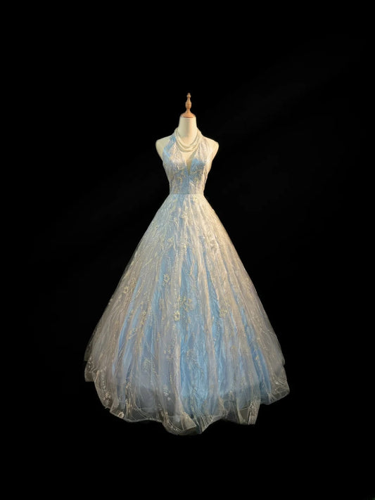 Modest Ball Gown Halter Light Sky Blue Sequin Lace Sleeveless Long Sweet 16 Dresses Seventeen Quince Dress RB3578
