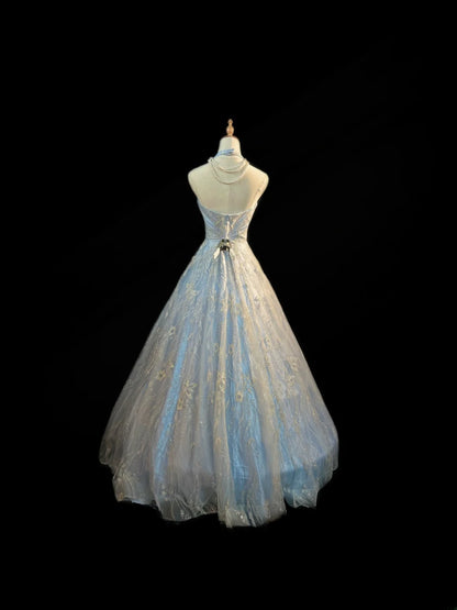 Modest Ball Gown Halter Light Sky Blue Sequin Lace Sleeveless Long Sweet 16 Dresses Seventeen Quince Dress RB3578