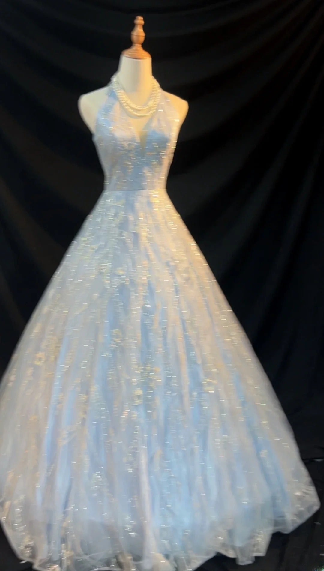 Modest Ball Gown Halter Light Sky Blue Sequin Lace Sleeveless Long Sweet 16 Dresses Seventeen Quince Dress RB3578