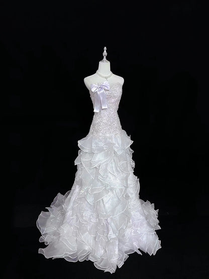 Vintage Mermaid Sweetheart Lilac With Tiered Layers Lace Long Prom Dress Formal Outfits Party Dresses RB7494