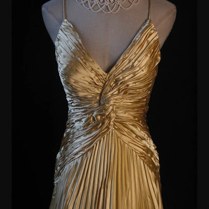Retro Vintage 1960s Formal A line Fashion Gold Halter Satin With Beaded Sleeveless Long Prom Dresses Party Formal Gowns AS125