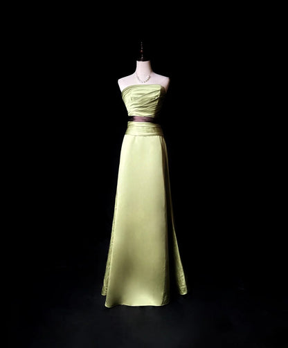 Vintage 70s Prom Dresses A line Strapless Olive Green Satin Sleeveless Prom Evening Dress Formal Outfits RB5936