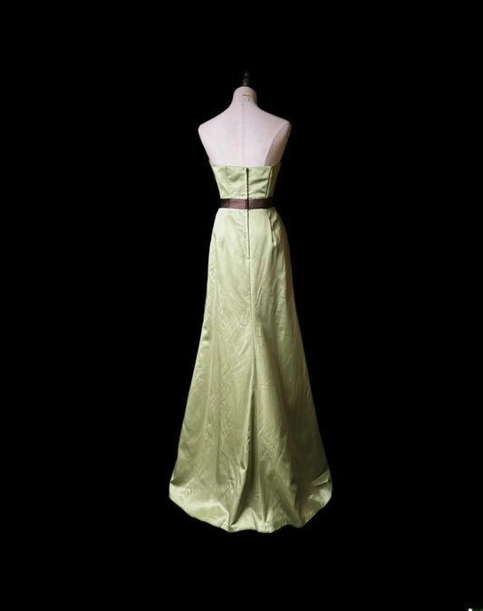 Vintage 70s Prom Dresses A line Strapless Olive Green Satin Sleeveless Prom Evening Dress Formal Outfits RB5936