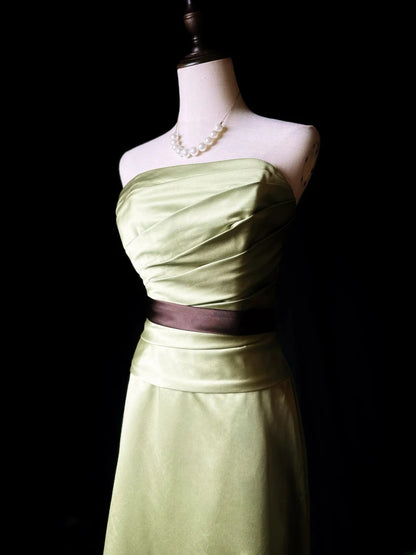 Vintage 70s Prom Dresses A line Strapless Olive Green Satin Sleeveless Prom Evening Dress Formal Outfits RB5936